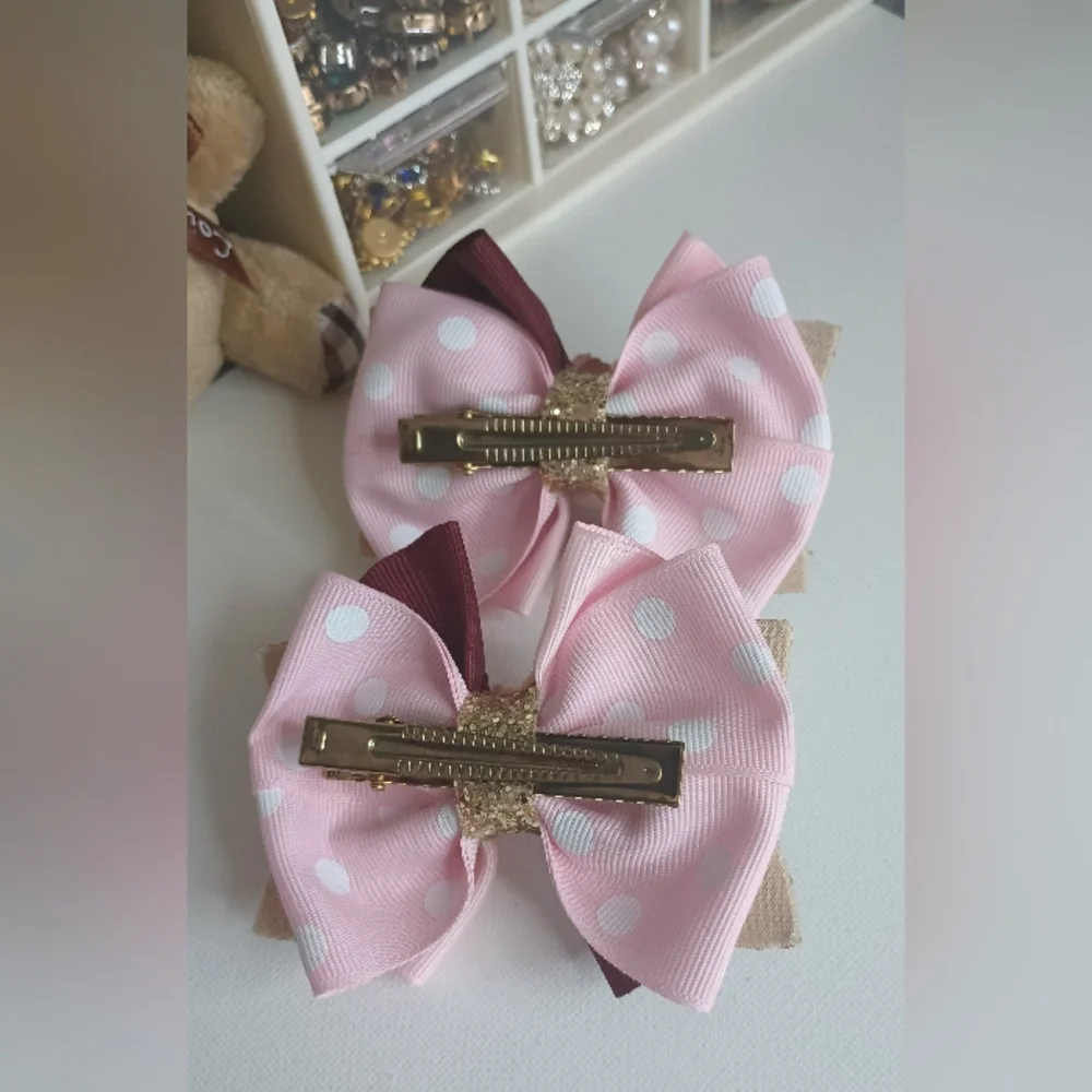 Handmade Bow Pink and Burgundy Hair Bows with Gold Accents (Set)🎀✨